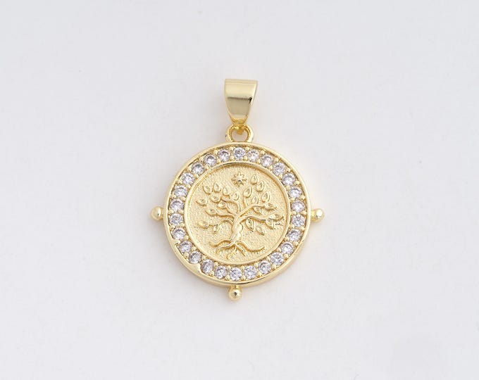 18K Gold Filled Tree of Life Pendant,Round Charms,Tree Charm Bracelet Necklace for DIY Jewelry Making Supply,25x19x1.8mm