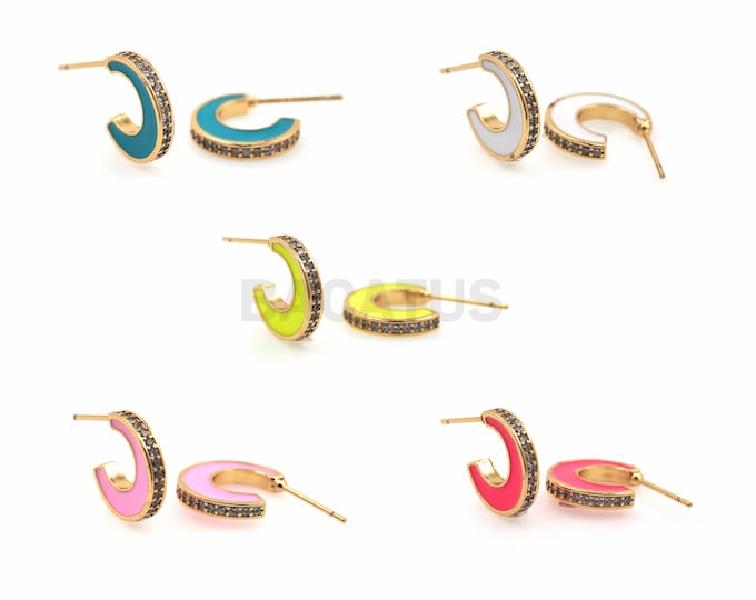 1 Pair, 18K Gold Filled Enamel Earrings, Moon Earrings, Crescent Earrings, Micro-Pave Zircon Earrings, Star Charm, Moon Charm 21x14x2mm