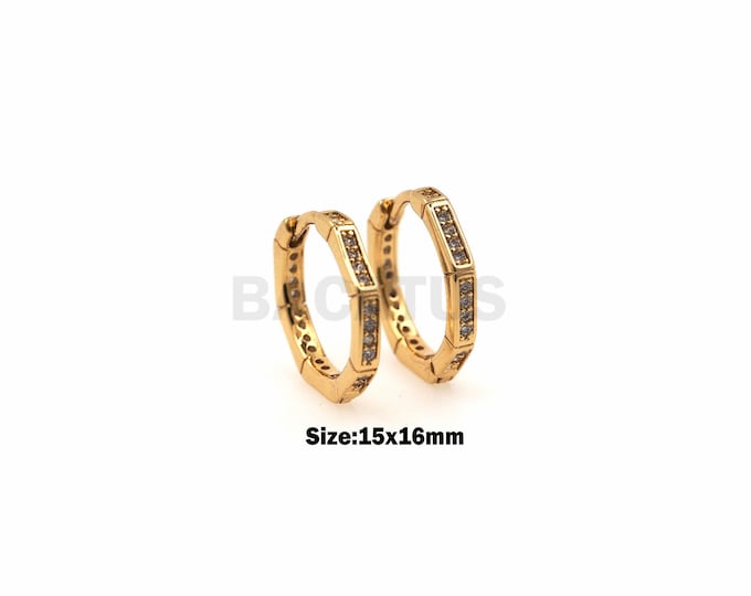 1Pair Zircon Polygonal Earrings 18K Gold-Plated Round Zircon Earrings White Zircon Fine Earrings CZ Charm 15x16mm