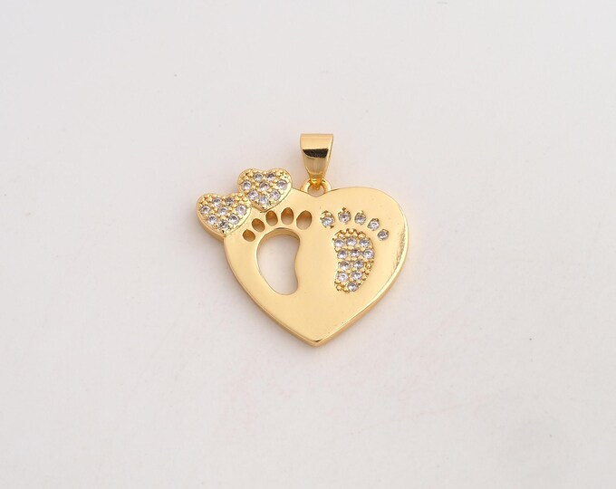 18K Gold Filled Heart Charm,Dainty Footprint Pendant,CZ Heart Foot Pendant ,DIY Jewelry Supplies,24.2x23x3mm