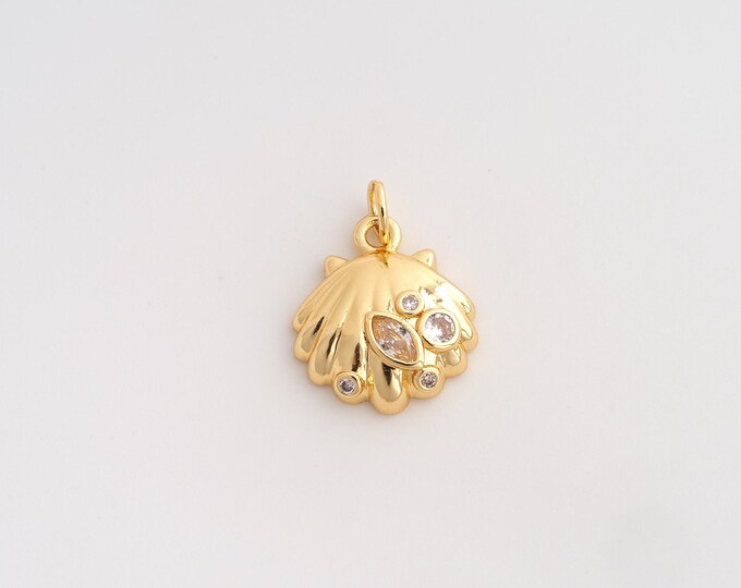 18K Gold Filled Shell Charm,Dainty Oyster Pendant,CZ Shell Pendant ,DIY Jewelry Supplies,19x14x4mm