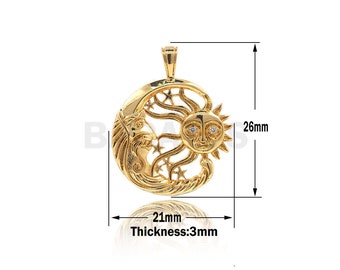 CZ Sun Moon Necklace, Sun Moon Charm, Sun Pendant, Moon Pendant, Celestial Pendant, Bracelet Necklace Making Supplies  26x21x3mm 1PCS