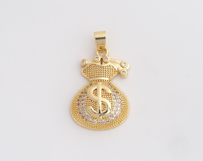 18K Gold Filled Money Bag Charm, Micropavé CZ Money Bag Pendant,Money Bag Necklace Charm, DIY Jewelry Supplies, 33.4x19x6mm