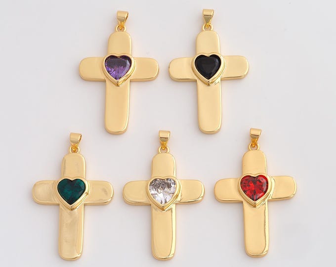 18K Gold Filled Cross Charm, Micropavé CZ Heart Pendant,Christian Necklace Charm, DIY Jewelry Supplies, 42.7x26.2x4.8mm