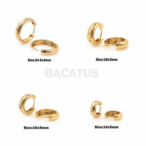 May include: Four pairs of gold hoop earrings in different sizes. The earrings are 14mm, 16mm, 18mm, and 24.5mm in diameter.  Size: 14x5mm, Size: 16x5mm, Size: 18x5mm, Size: 24.5x5mm