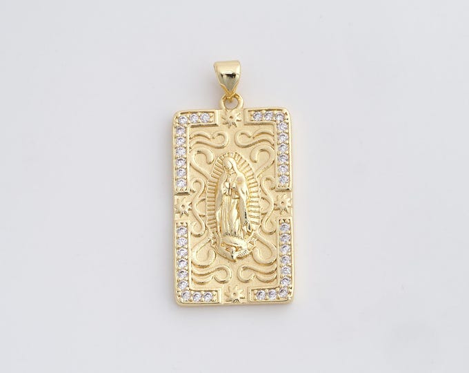 18K Gold Filled Virgin Charm, Religious Necklace, Micropavé CZ Our Lady Necklace, Maria Pendant, DIY Jewelry Supplies, 37.4x17.8x3.3mm