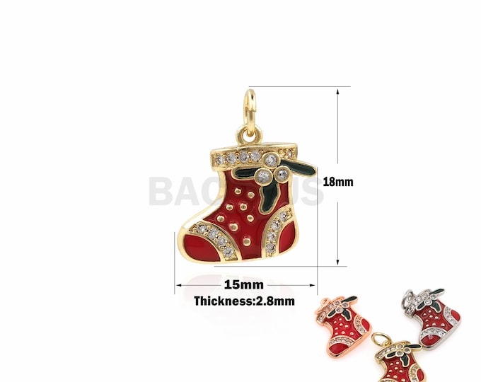 1PCS Christmas Stocking Pendant Christmas Ornaments Suitable for Bracelets, Necklaces, Products Cubic Zirconia Enamel Charm 18K 18x15x2.8mm