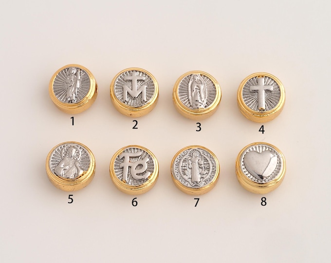 Gold Heart Jesus Saint Jude Cross Beads, 18K Gold Filld Fe San Miguel Virgin Mary Beads,for Jewelry Making Supplies,9.7x5.8mm Hole 2.5mm