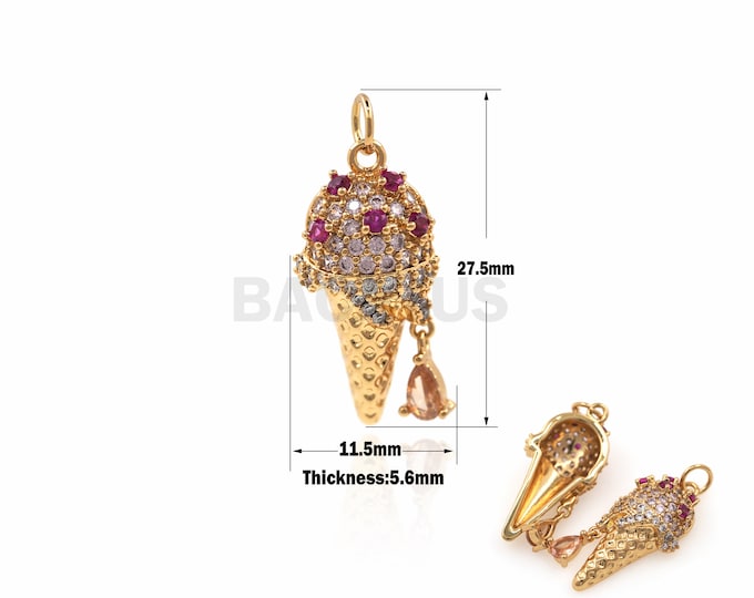 1PCS Cone Pendant Ice Cream Pendant Food Charm Dessert Jewelry Cone Charm Summer Favorite 18K Gold Filled Cubic Zirconia 22.9x6.8x5.6mm