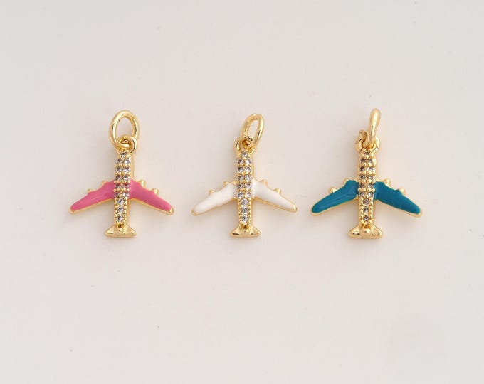 18K Gold Filled Airplane Charm,Dainty Enamel Airplane Pendant,CZ Airplane Pendant ,DIY Jewelry Supplies,17.4x14.3x3mm