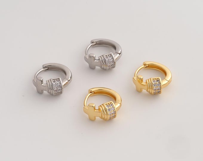 18K Gold Filled Hoop Earrings,Gold CZ Hugging Hoop Earrings,Cross Earrings,Gift for Her,15.3x13.2x6.7mm