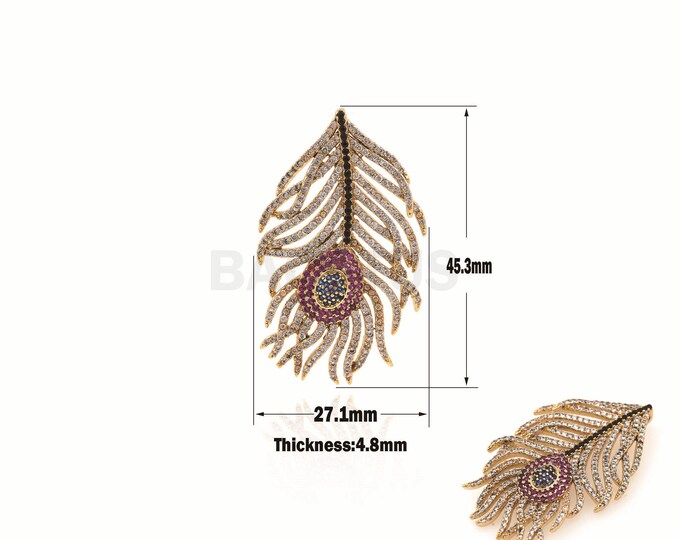 1PCS  CZ Feather Pendant, Feather Charm, Gold Feather Necklace, Feather Jewelry, Suitable For Jewelry Making Supplies 45.3x27.1x4.8mm