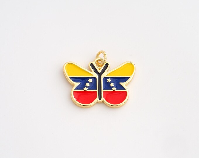 18K Gold Filled Venezuela Flag Charm,Dainty Enamel Butterfly Pendant,Venezuela Pendant ,DIY Jewelry Supplies,20.2x23.6x2mm