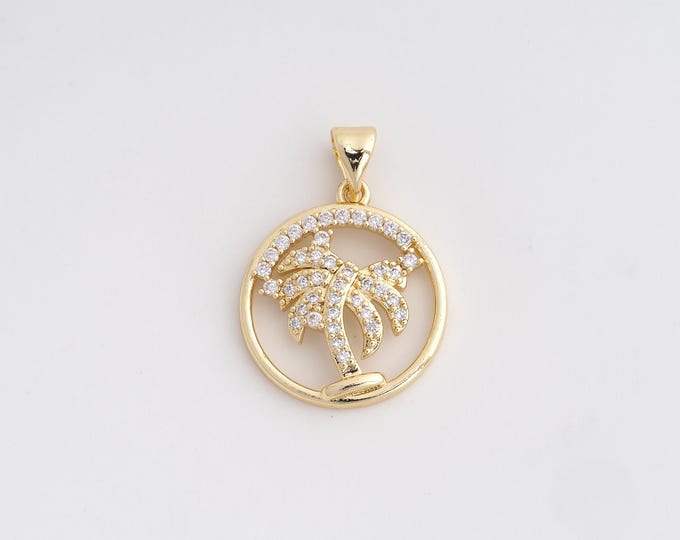 18K Gold Filled Coconut Tree Charm, Micropavé CZ Palm Tree Pendant,Round Necklace Charm, DIY Jewelry Supplies, 24.8x18x3.5mm