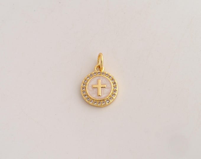 18K Gold Filled Cross Charm,Dainty Enamel Religious Pendant,CZ Christian Pendant ,DIY Jewelry Supplies,16.2x10.3x2.2mm