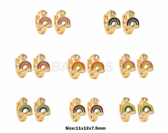1Pair New Rainbow Enamel Gold Hoop Earrings, Rainbow Gold Wire Hoop, Exquisite Minimalism, Multi-Color Rainbow Pendant, Hoop 11x12x7.5mm