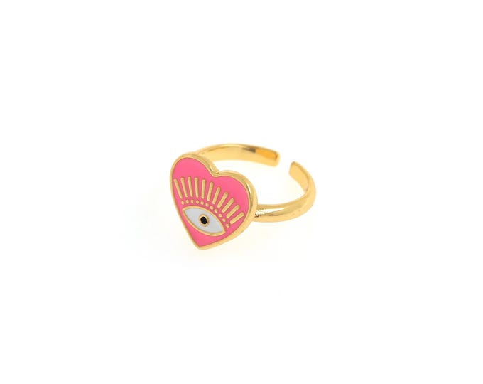18K Gold Filled Enamel Eye Ring,Gold Open Ring,Adjustable Ring, Heart-Shaped Eye Ring,Eye Charm,Eye Ring, Everyday Thin Ring