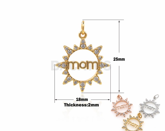 1PCS Round MOM Pendant Sunflower Ring Pendant, Cubic Zirconia Paving Pendant, Necklace Bracelet Pendant 18K Gold Filling 25x18x2mm