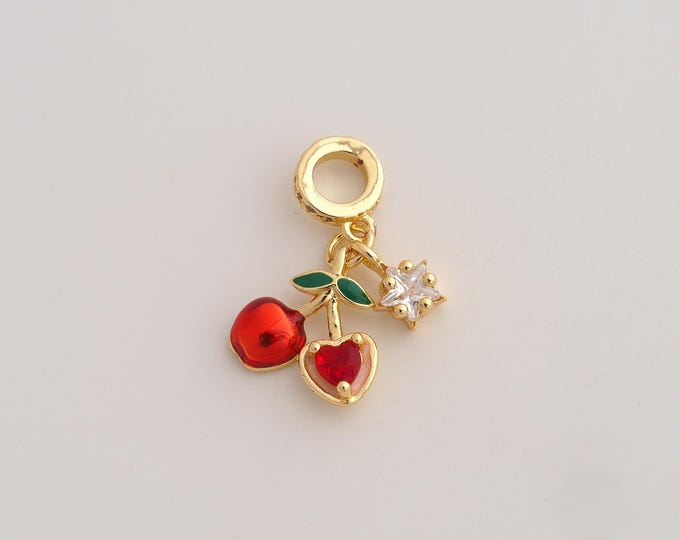 18K Gold Filled Heart Cherry Charm,Dainty Enamel Fruit Pendant,CZ Star Pendant ,DIY Jewelry Supplies,25x17x4.3mm
