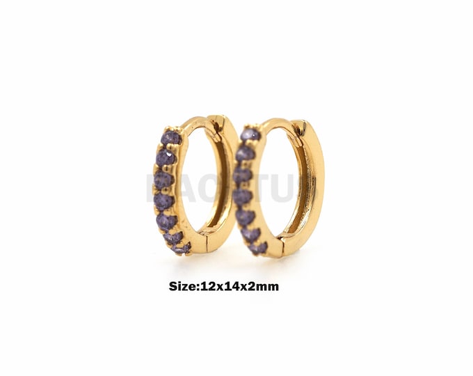 1Pair Purple Zircon Earrings Ladies Fashion Cubic Zircon Hoop Earrings Piercing Jewelry 18K Gold Filling 12x14x2mm