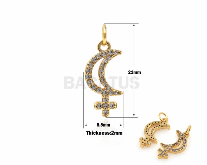 1PCS Lilith Symbol Pendant Planet Mark Pendant Crescent Cross Pendant Sailor Moon 18K Gold Filled Cubic Zirconia 21x8.5x2mm