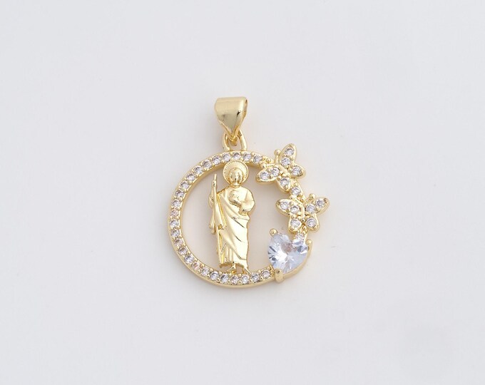 18K Gold Filled Saint Jude Pendant,Flower St.Juda Charms,Religion Charm Bracelet Necklace for DIY Jewelry Making Supply,25.4x20x3.8mm