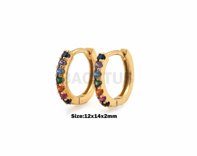1Pair Colorful  Zircon Earrings Ladies Fashion Cubic Zircon Hoop Earrings Piercing Jewelry 18K Gold Filling 12x14x2mm