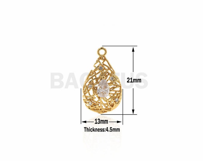 CZ Hollow Tear Drop Pendant,Teardrop necklace,cz drop connector,water drop Jewelry Accessories 13x21x4.5mm 1PCS