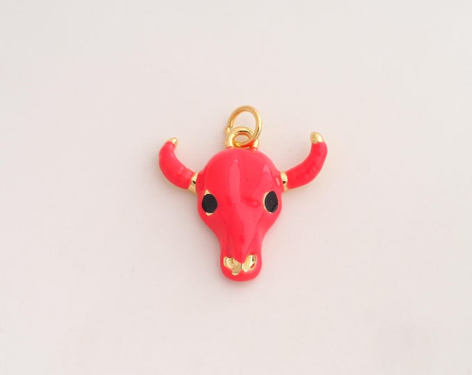 18K Gold Filled Cow Head Charm,Dainty Enamel Animal Pendant,Cow Pendant ,DIY Jewelry Supplies,27.6x24x5.2mm