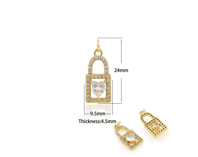 1PCS Zircon Lock Pendant Fashionable Transparent CZ Pendant Lock-Shaped Cubic Zircon Pendant Jewelry Bracelet Necklace 9.5x24x4.5mm