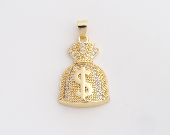 18K Gold Filled Money Bag Charm, Micropavé CZ Money Bag Pendant,Money Bag Necklace Charm, DIY Jewelry Supplies, 34x19.4x6mm
