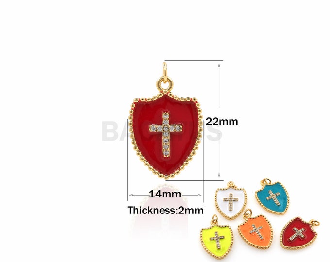 1PCS 18K Gold Filled Shield Cross Pendant With Micro-Pave, Suitable For Bracelets, Necklaces, Jewelry Making Supplies Enamel charm 22x14x2mm