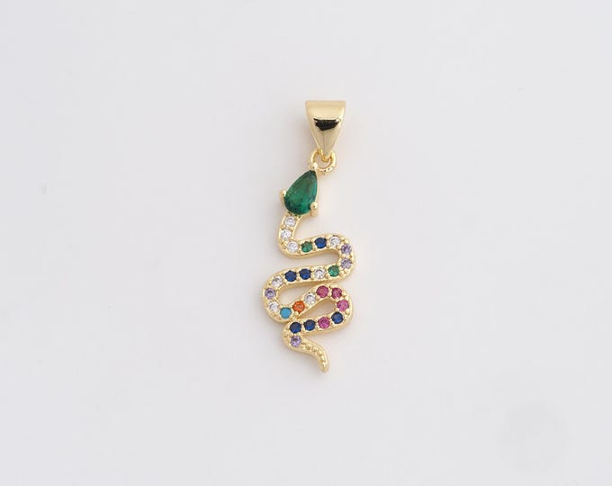 18K Gold Filled Snake Charm, Micropavé CZ Animal Pendant,Snake Necklace Charm, DIY Jewelry Supplies, 28.3x9.2x3mm