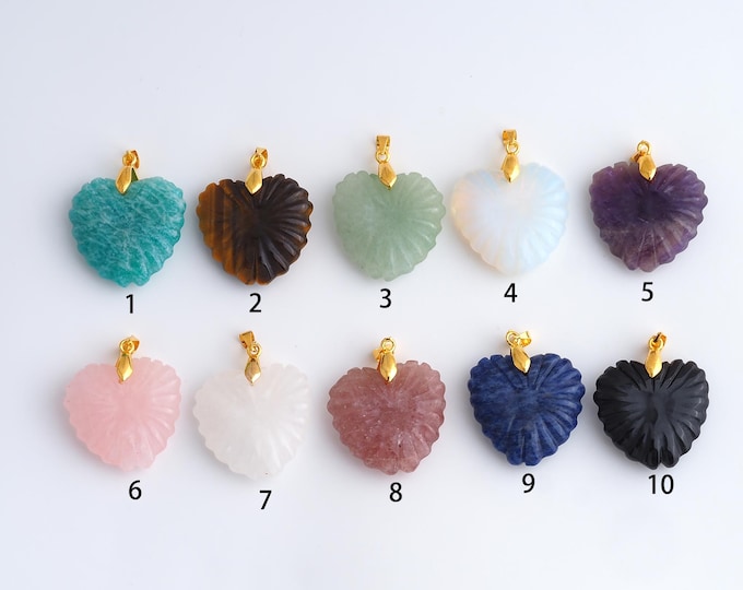 Carved Heart Gemstone Pendant,Natural Stone Charms,Carved Crystals Gemstone Charm DIY Jewelry Making Supply,35.3x26.5x7.8mm