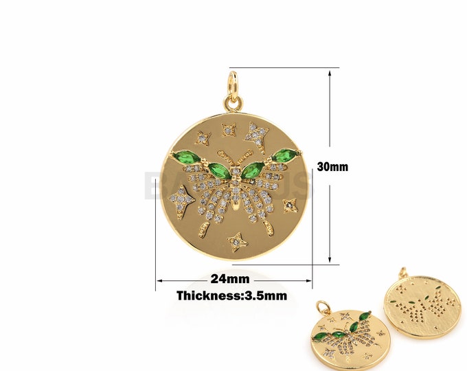 1PCS Round Butterfly Pendant Exquisite Coin Butterfly Pendant, Cubic Zirconia Insect Pendant, Used for Necklace Making 30x24x3.5mm