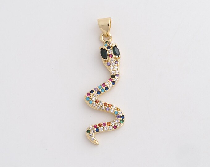 18K Gold Filled Snake Charm, Micropavé CZ Animal Pendant,Snake Necklace Charm, DIY Jewelry Supplies, 39.7x13x3mm