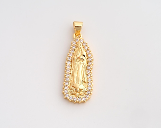 18K Gold Filled Virgin Mary Charm,Dainty Religious Pendant,CZ Catholic Pendant ,DIY Jewelry Supplies,33.5x11.7x3.4mm