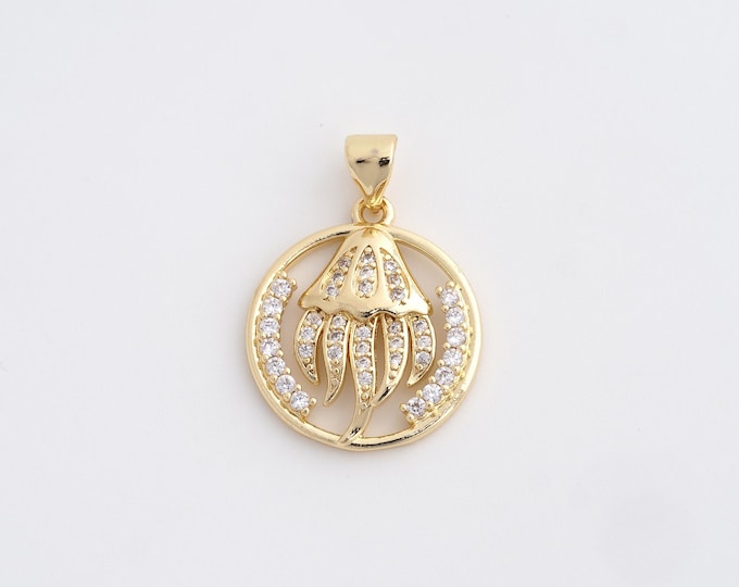 18K Gold Filled Jellyfish Charm, Micropavé CZ Marine Life Pendant,Jellyfish Necklace Charm, DIY Jewelry Supplies, 24.6x18.2x3.2mm