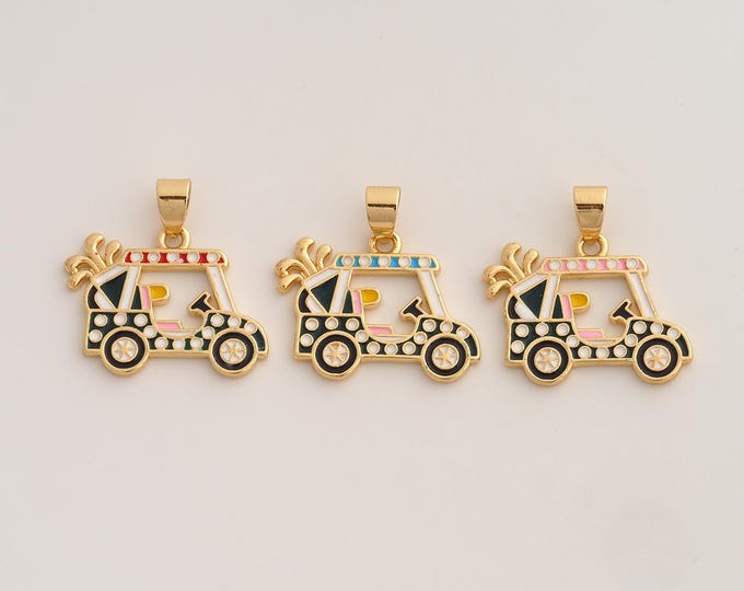 18K Gold Filled Golf Cart Charm,Dainty Golf Pendant,Enamel Car Pendant ,DIY Jewelry Supplies,24x24.3x1.8mm