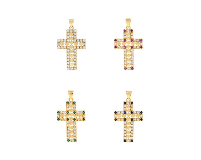 18K Gold Filled CZ Cross Pendant,Gold Dainty Religion Charms,Heart Charm Bracelet Necklace for DIY Jewelry Making Supply