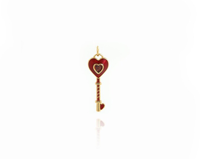 18K Gold Filled Heart Pendant,Enamel Key Charms,Simple Pendant Bracelet Necklace for DIY Jewelry Making Supply,31.5x10x3mm