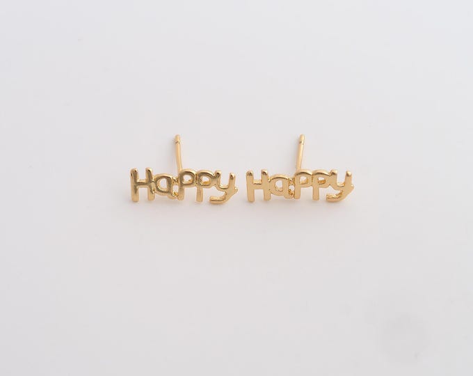HAPPY Stud Earrings,18K Gold Filled Letter Stud Earrings,Dainty Stud Earrings, Gift for Her,15x5mm