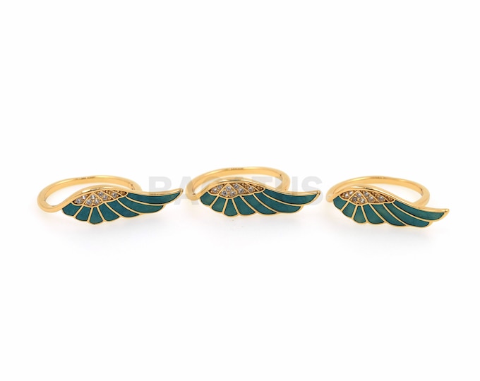 18K Gold Filled Enamel Wing Ring, Gold Open Ring, Adjustable Ring, Micropavé Cubic Zirconia Wing Ring, Wing Charm, Angel Wing Ring