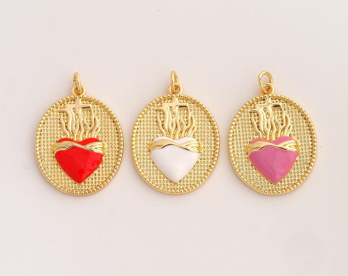 18K Gold Filled Sacred Heart Charm,Dainty Enamel Heart Pendant,Sacred Heart Pendant ,DIY Jewelry Supplies,28.8x19.4x3.3mm