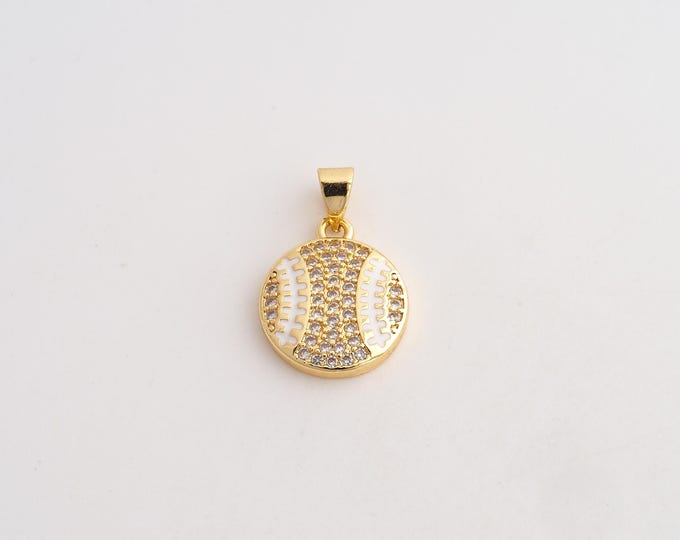 18K Gold Filled Baseball Charm,Dainty Enamel Sports Pendant,CZ Baseball Pendant ,DIY Jewelry Supplies,21.6x14.3x3mm