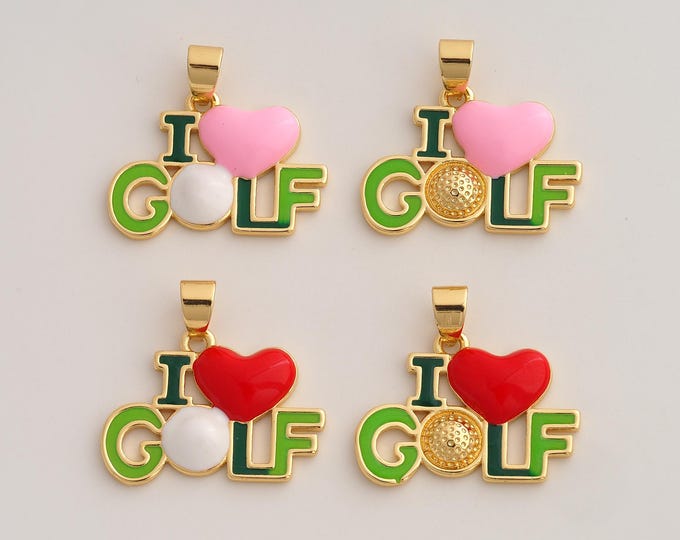 18K Gold Filled I Love Golf Charm,Dainty Enamel Heart Pendant,Letter Pendant ,DIY Jewelry Supplies,23.4x24.7x3.6mm