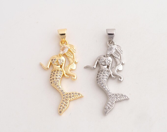 18K Gold Filled Mermaid Charm,Dainty Mermaid Pendant,CZ Mermaid Pendant ,DIY Jewelry Supplies,37x18.4x3mm
