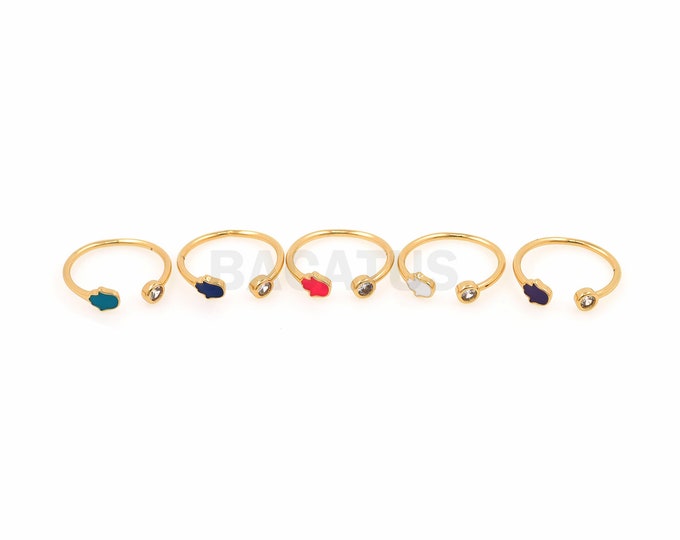 Signet Ring, 18K Gold Filled Slap Ring, Micropavé CZ Hamsa Ring, Enamel Charm, Enamel Ring, Adjustable Ring, Gold Open Ring