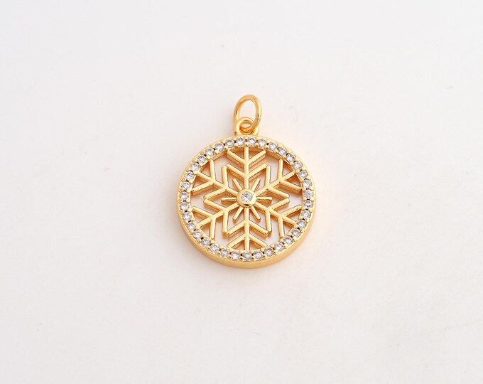 18K Gold Filled Snowflake Charm,Dainty Fritillaria Christmas Pendant,CZ Round Pendant ,DIY Jewelry Supplies,23.7x17.8x3mm
