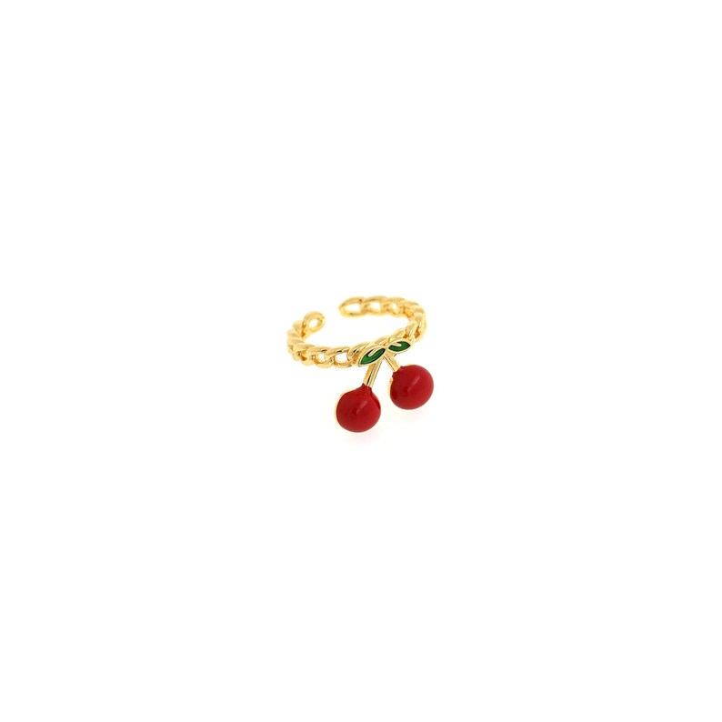 Pu&ograve; includere: Anello regolabile color oro con design a catena. L'anello &egrave; adornato da un paio di ciondoli a forma di ciliegia rossa con foglie verdi. &Egrave; un gioiello.